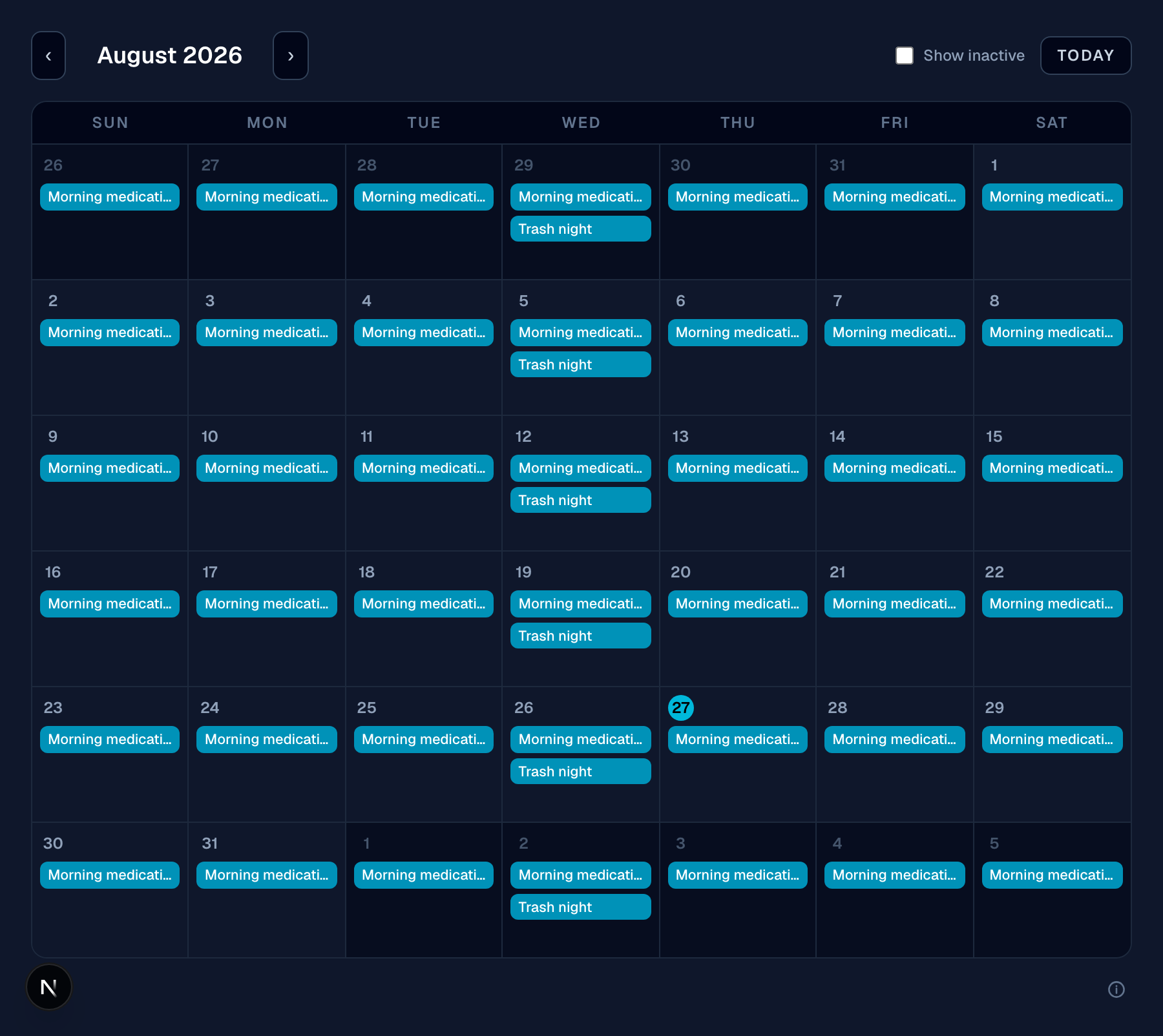 Calendar view for August 2026 showing a daily message on every day and a weekly message on Wednesdays