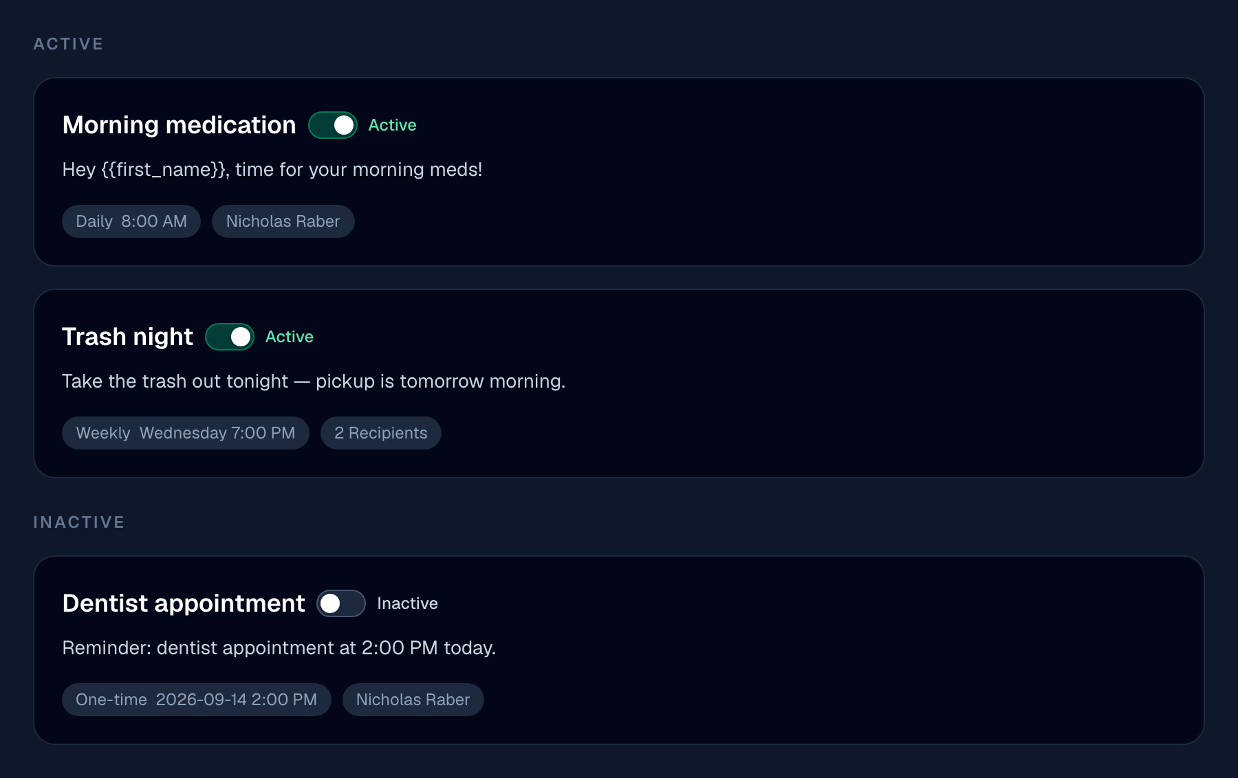 List view showing an active daily message, an active weekly message, and a paused one-time message