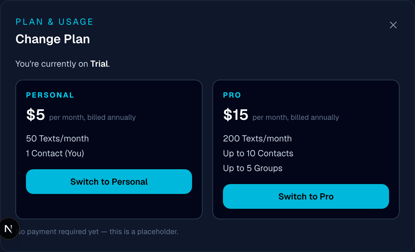 Change Plan popup showing each available plan as a selectable card