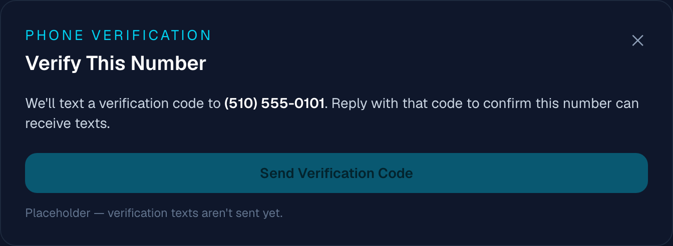 Phone verification dialog showing a number and a Send Verification Code button
